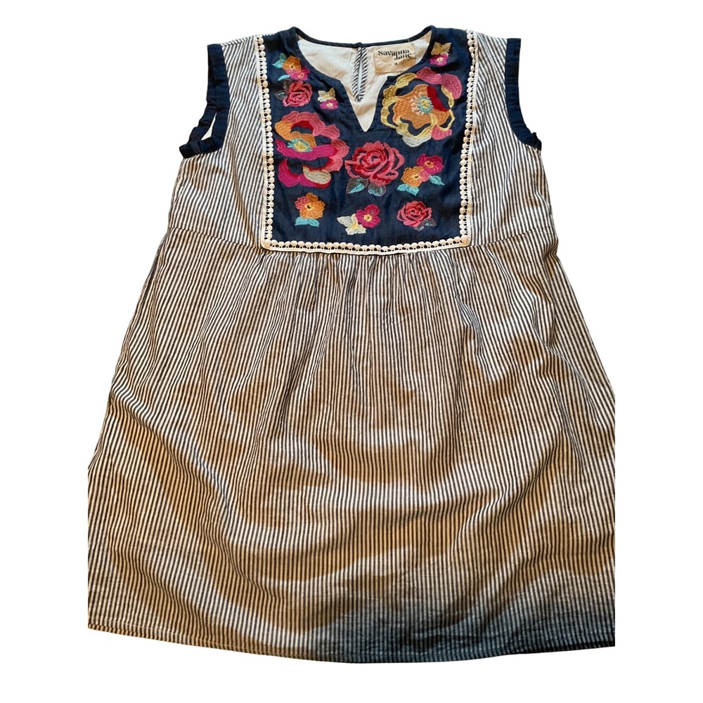 Savanna Jane Embroidered Floral Stripe Dress Women's Medium Sleeveless Casual‎